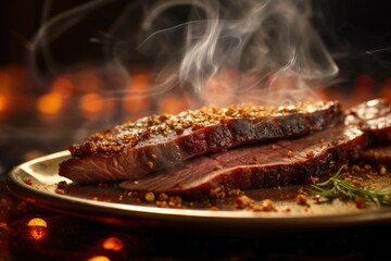 An overhead shot of an artisanal plate presents an prime of brisket, adorned with a velvety glaze that glistens under the light. The delicate smoke aroma wafts through the picture, luring