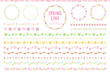 春の水彩風ラインセット / パターンブラシ有り / 飾り罫、線、イラスト、あしらい、フレーム、素材、自然、春、桜、花、植物