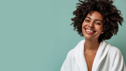 Afro woman in bathrobes, female body care and pampering in spa hotel