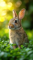 Fototapeta premium A cute little rabbit playing happily on the lawn