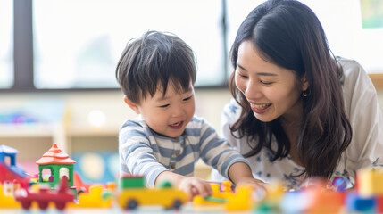 日本の幼稚園児と先生/親子がカラフルな木製のおもちゃで笑顔で遊んでいる写真、背景保育ルーム、木育/幼児教育 - obrazy, fototapety, plakaty