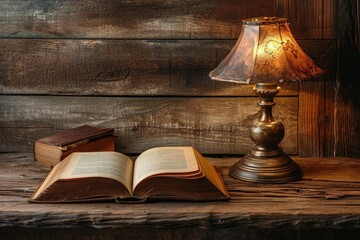 A classic leather-bound book open on a wooden table with a vintage reading lamp