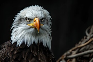 Obraz premium Portrait majestic of Bald Eagle on the dark background AI Generative