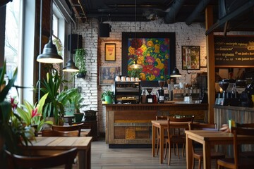 Artistic coffee shop interior with cozy ambiance - obrazy, fototapety, plakaty