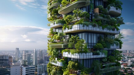 Obraz premium A futuristic skyscraper adorned with vertical gardens, solar panels, and innovative eco-friendly designs