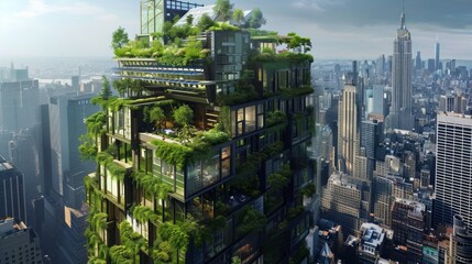 A futuristic skyscraper adorned with vertical gardens, solar panels, and innovative eco-friendly designs - obrazy, fototapety, plakaty