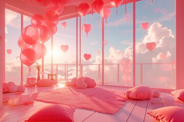 A dreamlike room bathed in the warm glow of sunset, filled with floating heart balloons and cozy pillows, creating a perfect romantic Valentine's Day ambiance.
