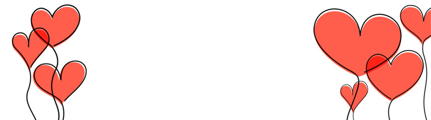 Pink hearts, wavy line art drawing on white background.