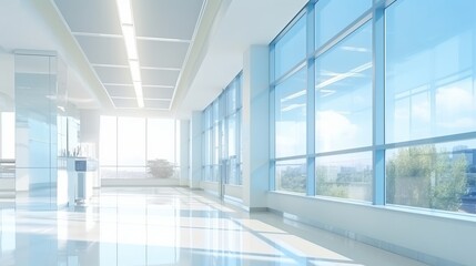 Light blurred background The hall of an office or medical institution with panoramic windows and a perspective  AI generated