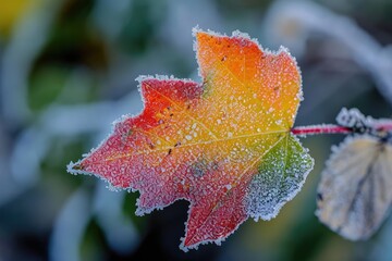 Early morning frost adorning a colorful autumn leaf