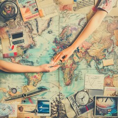 An artistic collage representing the essence of a romantic journey, with a couple's hands over a world map surrounded by travel essentials, symbolizing love and shared adventures across the globe.
