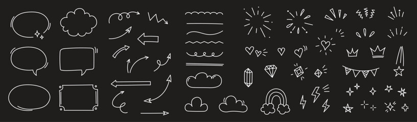 Sketch line arrow element, star, heart shape on chalkboard background. Hand drawn doodle sketch style circle, cloud speech bubble grunge element. Arrow, star, heart decoration. Vector illustration