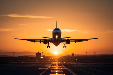 Fototapeta na wymiar Airplane Landing at Sunset: A Majestic View Against the Golden Sky