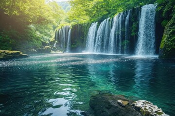 Majestic waterfall cascading into a serene pool - obrazy, fototapety, plakaty