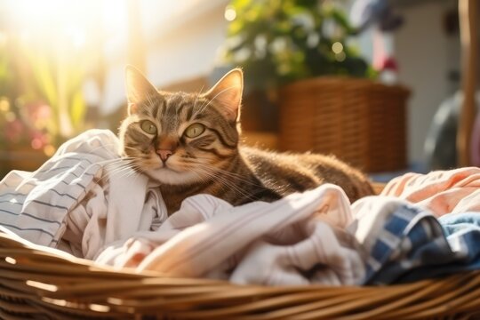 Cat lying on the washed clothes basket. Generative AI.