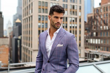 Male model in a tailored suit striking a pose on a city rooftop
