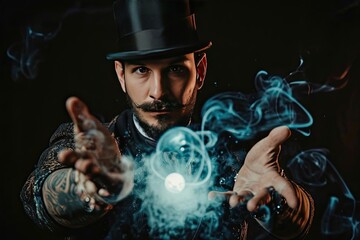 Model as a charismatic magician performing a magic trick With mystical props - obrazy, fototapety, plakaty