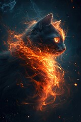 Fire cat, dark orange cat with glowing eyes in fire