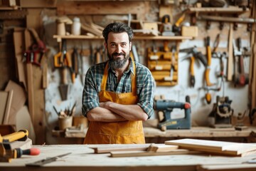 Model as a skilled carpenter in a workshop surrounded by woodworking tools