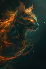 Fire cat, dark orange cat with glowing eyes in fire