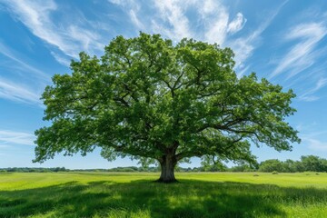 Old oak tree majestically standing in a verdant field