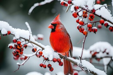 Red cardinal perched on a snow-covered branch Winter beauty.