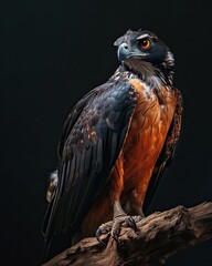 Fototapeta premium Elegant pose of Black chested Snake Eagle standing on old wood AI Generative