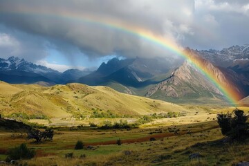 Rainbow appearing over a scenic mountain range