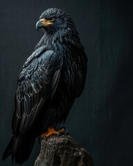Fototapeta premium Portrait majestic of black eagle standing on old log AI Generative