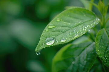 Single dewdrop glistening on a fresh green leaf