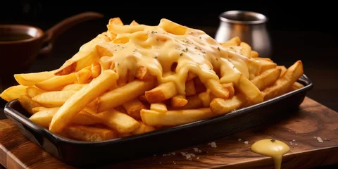 Foto op Plexiglas Delight in the amalgamation of crisp, salted fries elegantly adorned with a molten blanket of cheese, meticulously chosen to provide a harmonious contrast in both taste and texture. © Justlight
