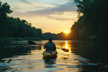Solo kayaker navigating a tranquil river at sunset