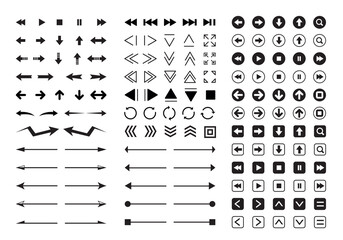 Arrows of various designs. Black and black line backer arrow icon set. - obrazy, fototapety, plakaty