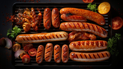 Tray of grilled hot dogs and bratwursts on tray - obrazy, fototapety, plakaty