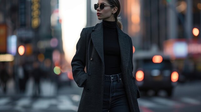 Boss babe vibes Command attention and exude confidence in this power outfit featuring an androgynous long coat, black turtleneck, and straightleg jeans.