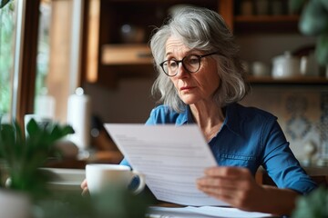 Serious worried mature woman reading paper bill pay online at home. Old lady holding bank letter managing account finances, calculating taxes, planning loan debt pension payment sit, Generative AI    