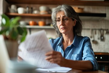 Serious worried mature woman reading paper bill pay online at home. Old lady holding bank letter managing account finances, calculating taxes, planning loan debt pension payment sit, Generative AI    