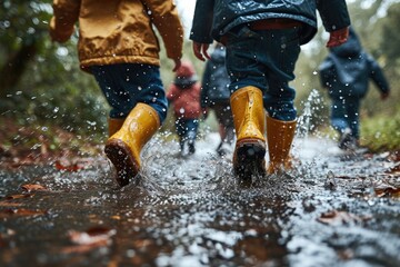 A group of children are seen playing in nature, wearing rain boots and waterproof clothing, jumping and splashing in the muddy ground | Exploring Nature with Galoshes and Raincoats 