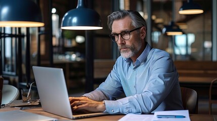 Obraz premium Focused busy mature business man lawyer ceo trader using computer, typing, working in modern office room doing online data market analysis, thinking planning tech strategy looking at, Generative AI 