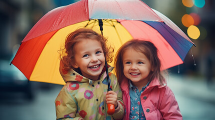 カラフルな傘をさして雨を楽しむ子どもたちの写真