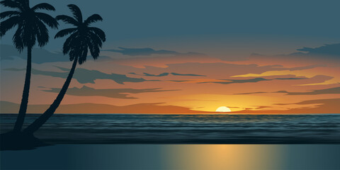 Beautiful tropical beach landscape with coconut trees in silhouette