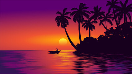 Dramatic sunset landscape at beach with fisherman on boat and coconut trees