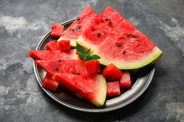 Plate with pieces of ripe watermelon on dark background, closeup