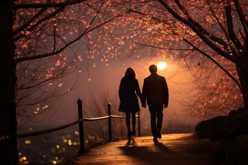 Moonlit Stroll: A couple takes a romantic stroll under the moonlit sky, surrounded by cherry blossoms.