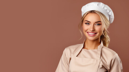 Blonde woman in chef uniform smiling isolated on pastel background
