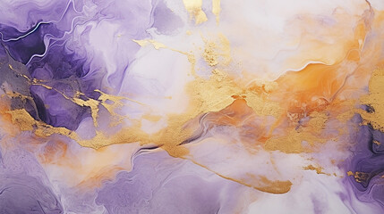 Gold and Deep Purple overflowing colors. Liquid acrylic picture that flows and splash. Fluid art texture design. Background with floral mixing paint effect. Mixed paints for posters or wallpapers
