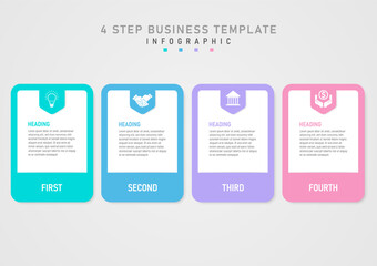 Infographic 4 step business template, multi-colored pastel squares in the middle of a white square. The upper center letter has a white icon on a pointed square on a gray gradient background.