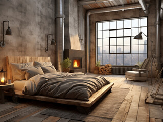 Urban Serenity: Exploring Industrial Interior Design in a Bedroom Oasis. Natural Elements, Shaped Canvas Art, Warm Color Palette, Detailed Craftsmanship, and Eco-Friendly Aesthetics Merge for a Stylis