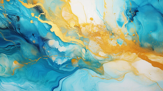 Gold and Teal overflowing colors. Liquid acrylic picture that flows and splash. Fluid art texture design. Background with floral mixing paint effect. Mixed paints for posters or wallpapers