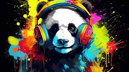 Fotobehang Acid Pop colorful panda wearing Headphones © Julie